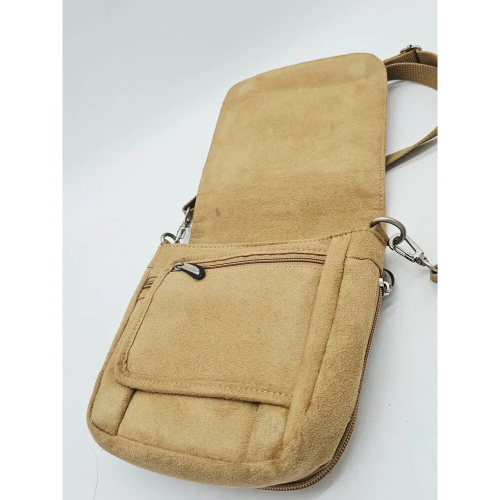 TRAVELON Suede Organizing Purse Key Fob Mirror Expandable Bottom Crossbody Purse